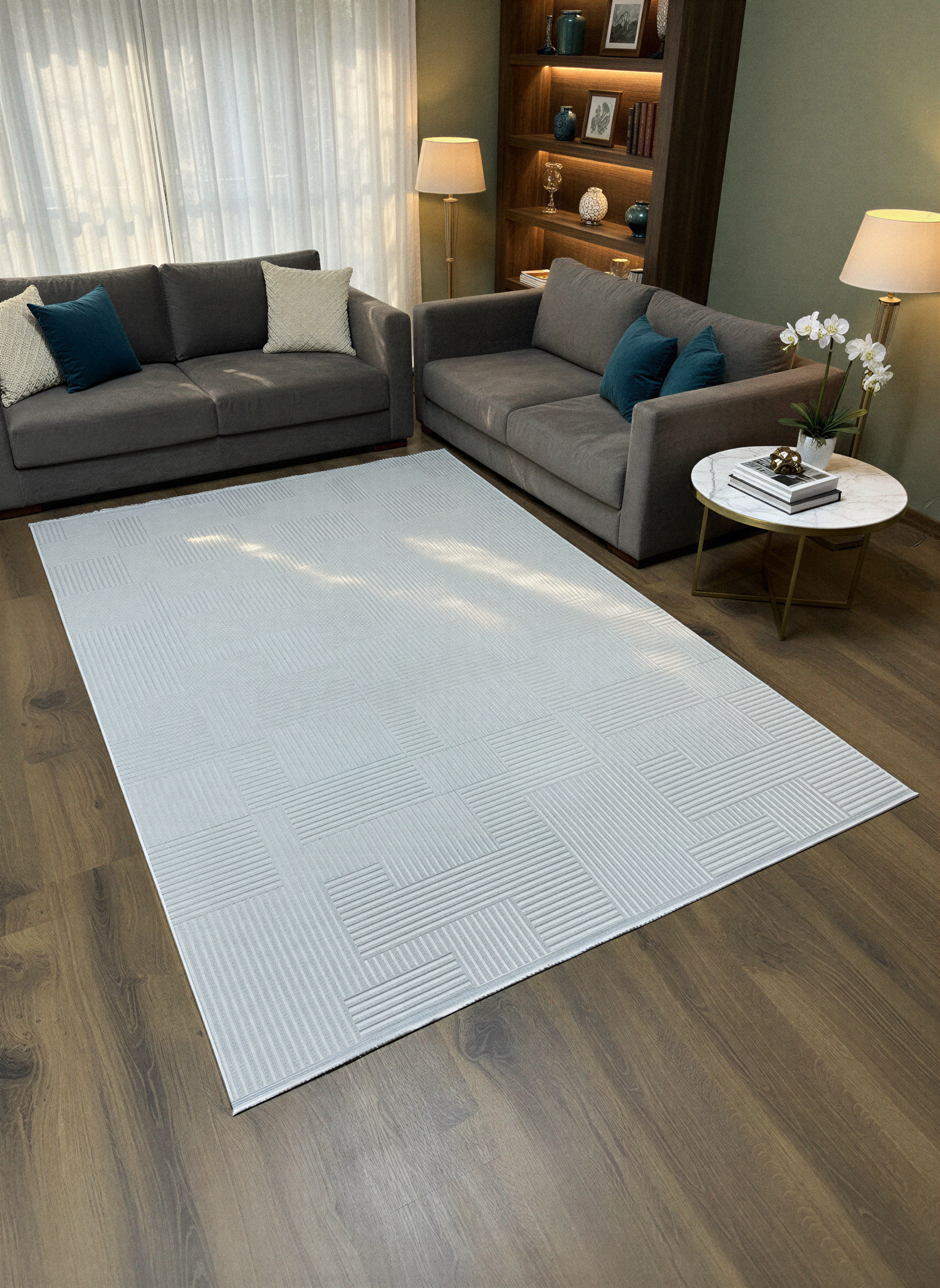 MYRA PERA 452 Gri Geometrik Desenli Modern Salon Mutfak Koridor Balkon Halısı