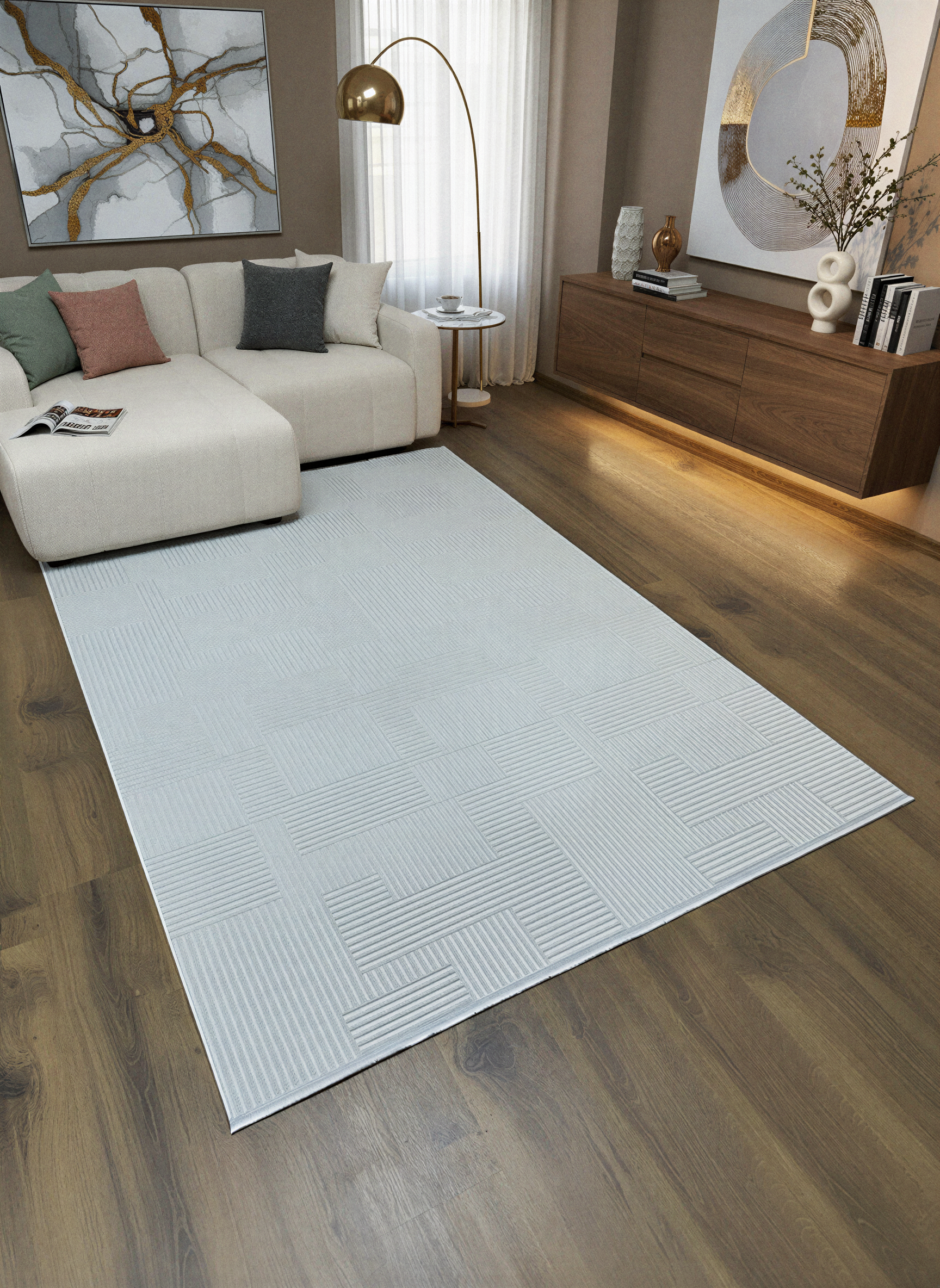 MYRA PERA 452 Gri Geometrik Desenli Modern Salon Mutfak Koridor Balkon Halısı