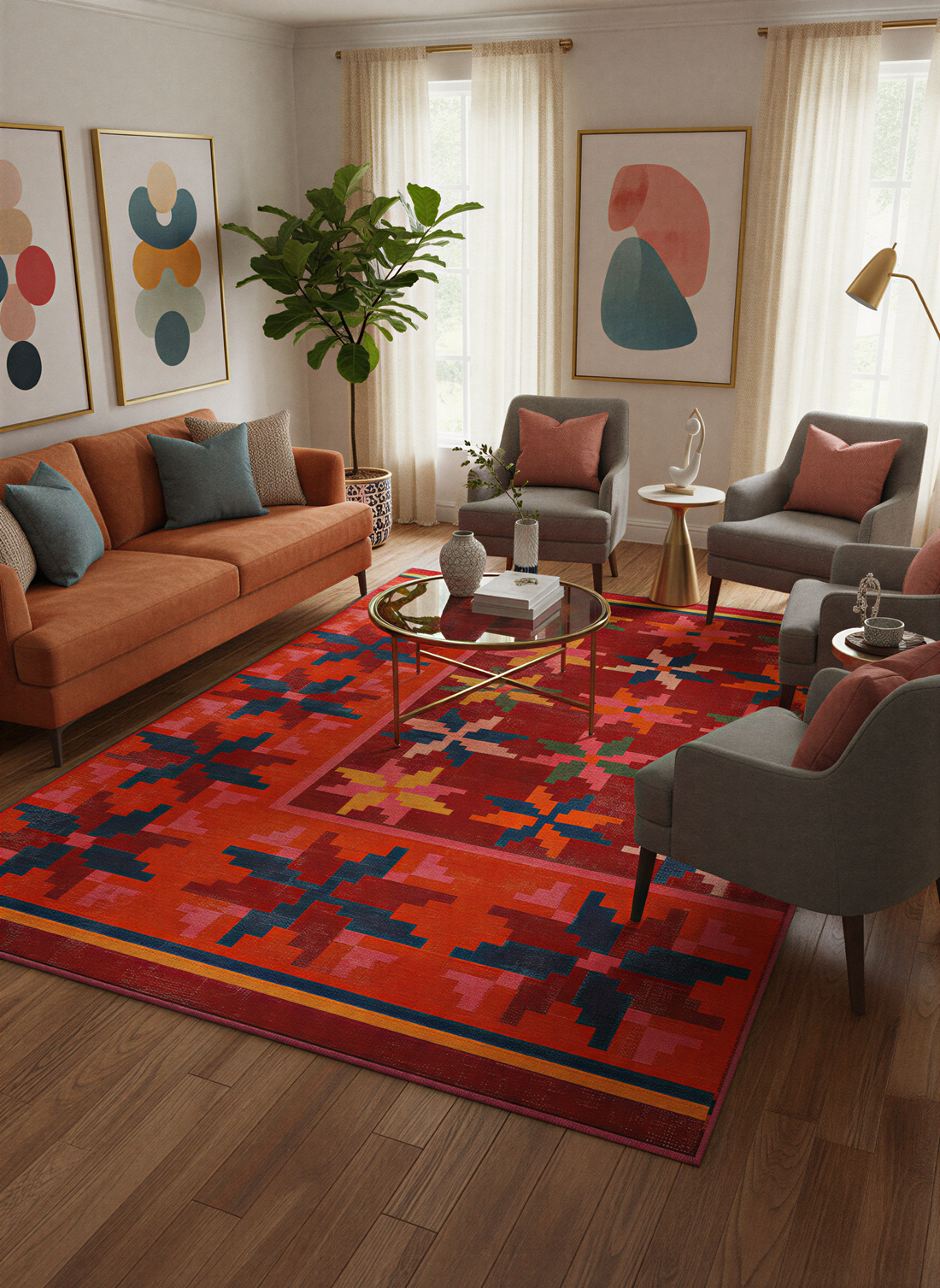 Arte HD022 Çiçek Figürlü Modern Desenli Renkli Dekoratif Dokuma Halı