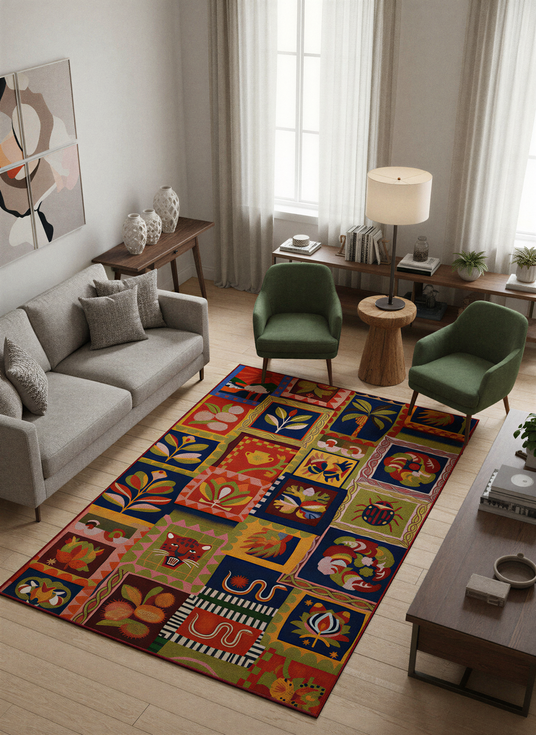 Arte HD041 Hayvan ve Çiçek Figürlü Modern Renkli Dekoratif Dokuma Halı