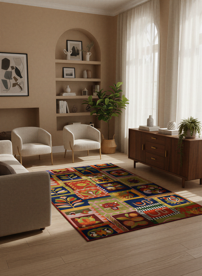 Arte HD041 Hayvan ve Çiçek Figürlü Modern Renkli Dekoratif Dokuma Halı