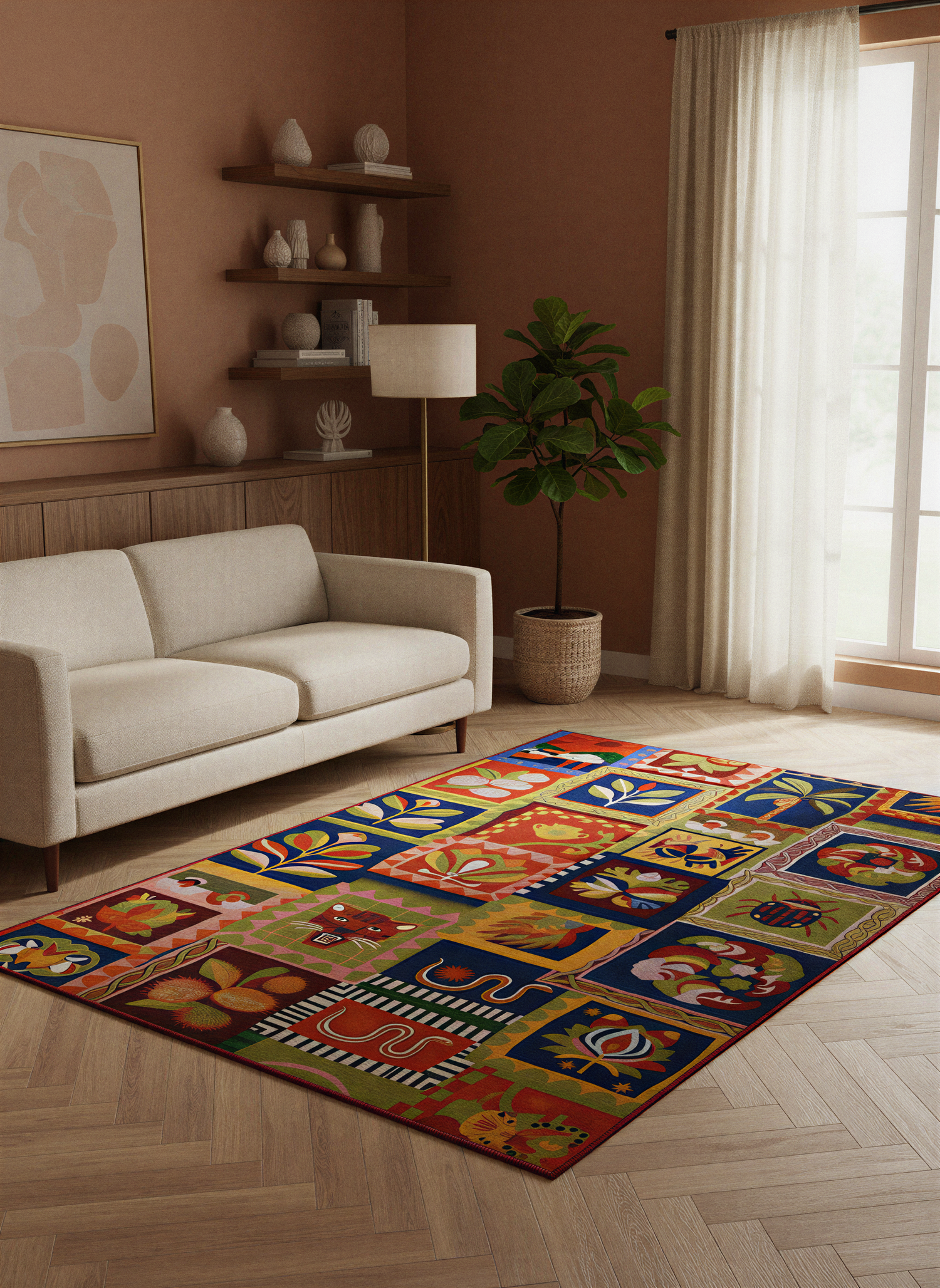 Arte HD041 Hayvan ve Çiçek Figürlü Modern Renkli Dekoratif Dokuma Halı