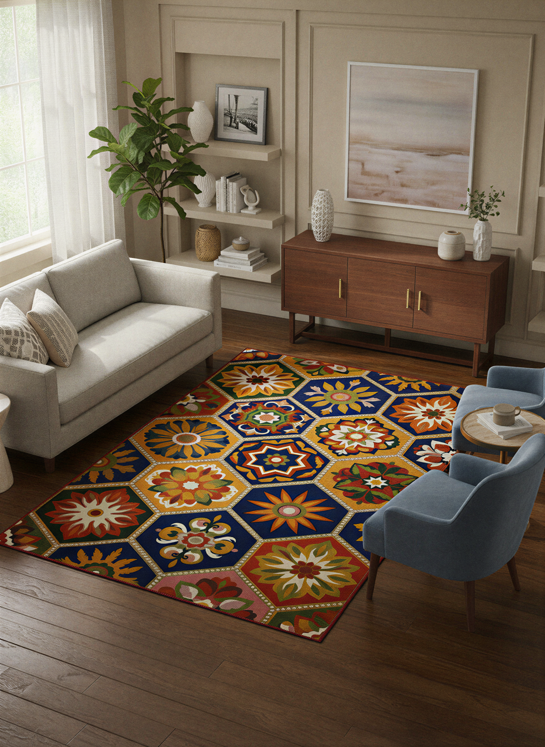 Arte HD040 Geometrik Çiçek Figürlü Modern Renkli Dekoratif Dokuma Halı