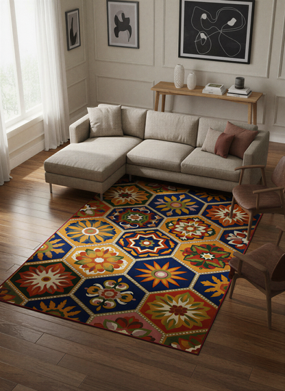 Arte HD040 Geometrik Çiçek Figürlü Modern Renkli Dekoratif Dokuma Halı