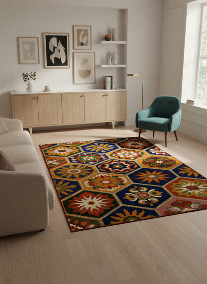 Arte HD040 Geometrik Çiçek Figürlü Modern Renkli Dekoratif Dokuma Halı