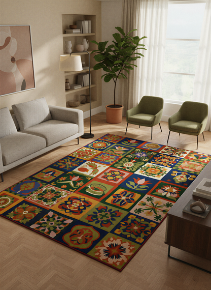 Arte HD038 Çiçek ve Hayvan Figürlü Modern Renkli Dekoratif Dokuma Halı