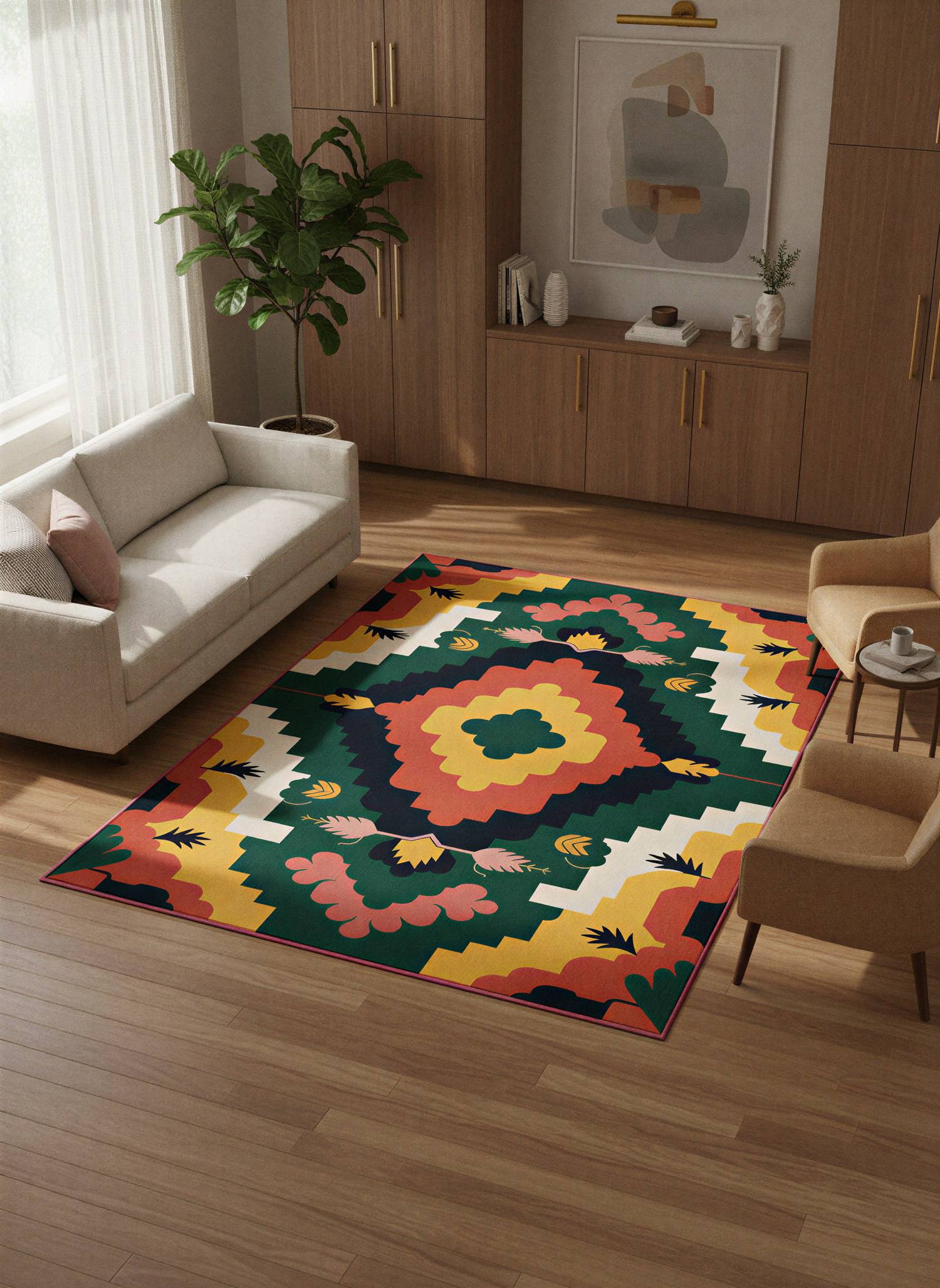 Arte HD033 Çiçek Figürlü Renkli Geometrik Desenli Dekoratif Dokuma Halı (Kopya)