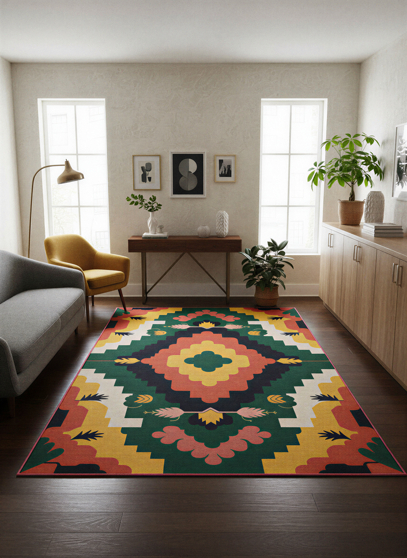 Arte HD033 Çiçek Figürlü Renkli Geometrik Desenli Dekoratif Dokuma Halı (Kopya)