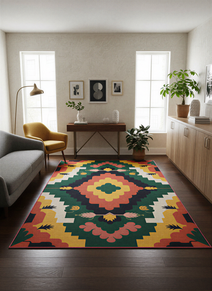 Arte HD033 Çiçek Figürlü Renkli Geometrik Desenli Dekoratif Dokuma Halı (Kopya)