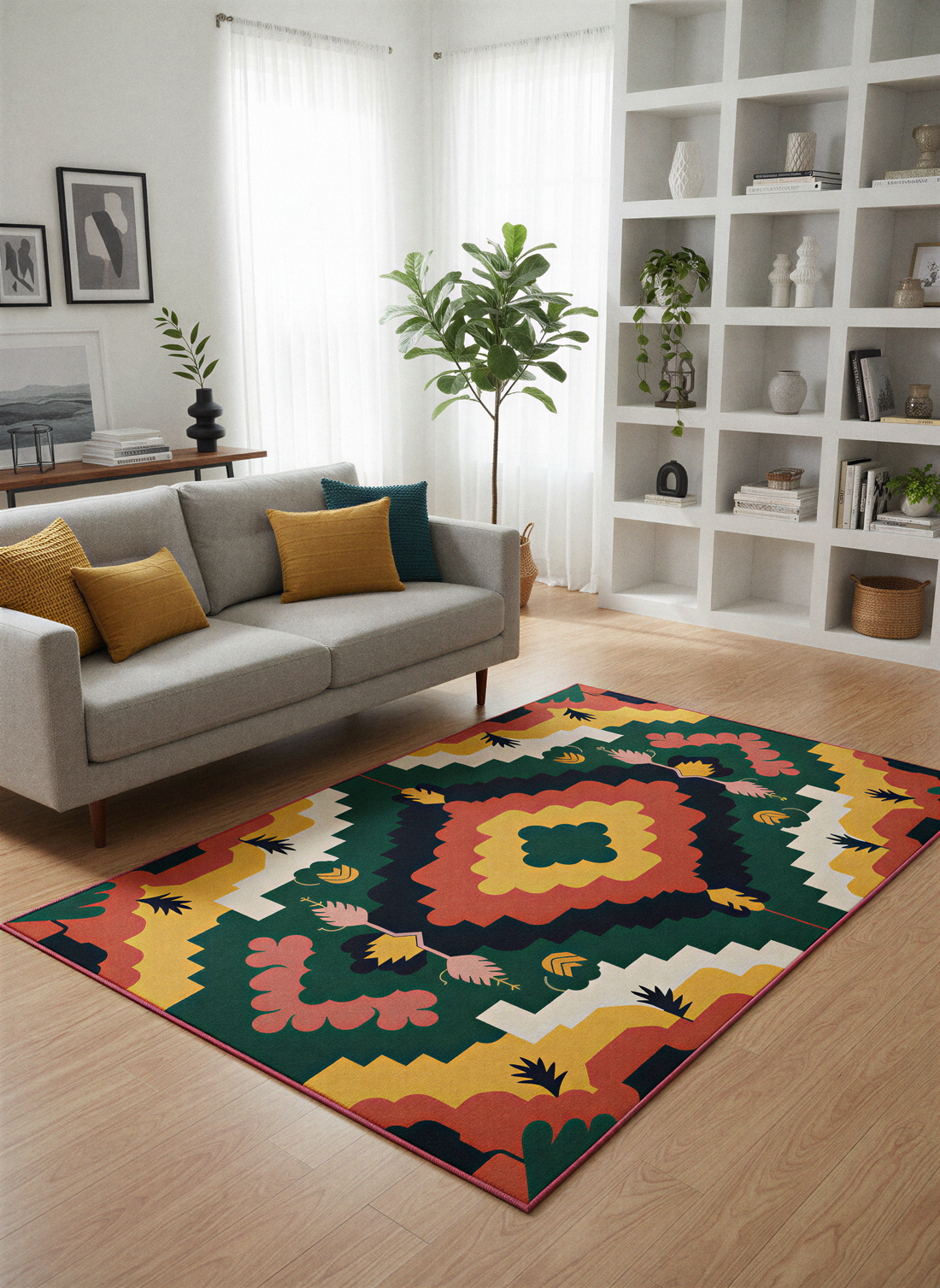 Arte HD033 Çiçek Figürlü Renkli Geometrik Desenli Dekoratif Dokuma Halı (Kopya)