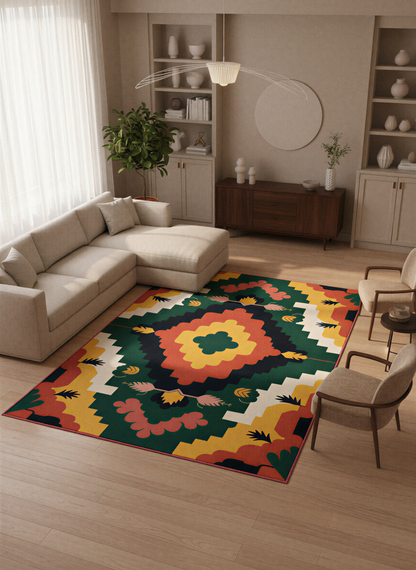 Arte HD033 Çiçek Figürlü Renkli Geometrik Desenli Dekoratif Dokuma Halı (Kopya)