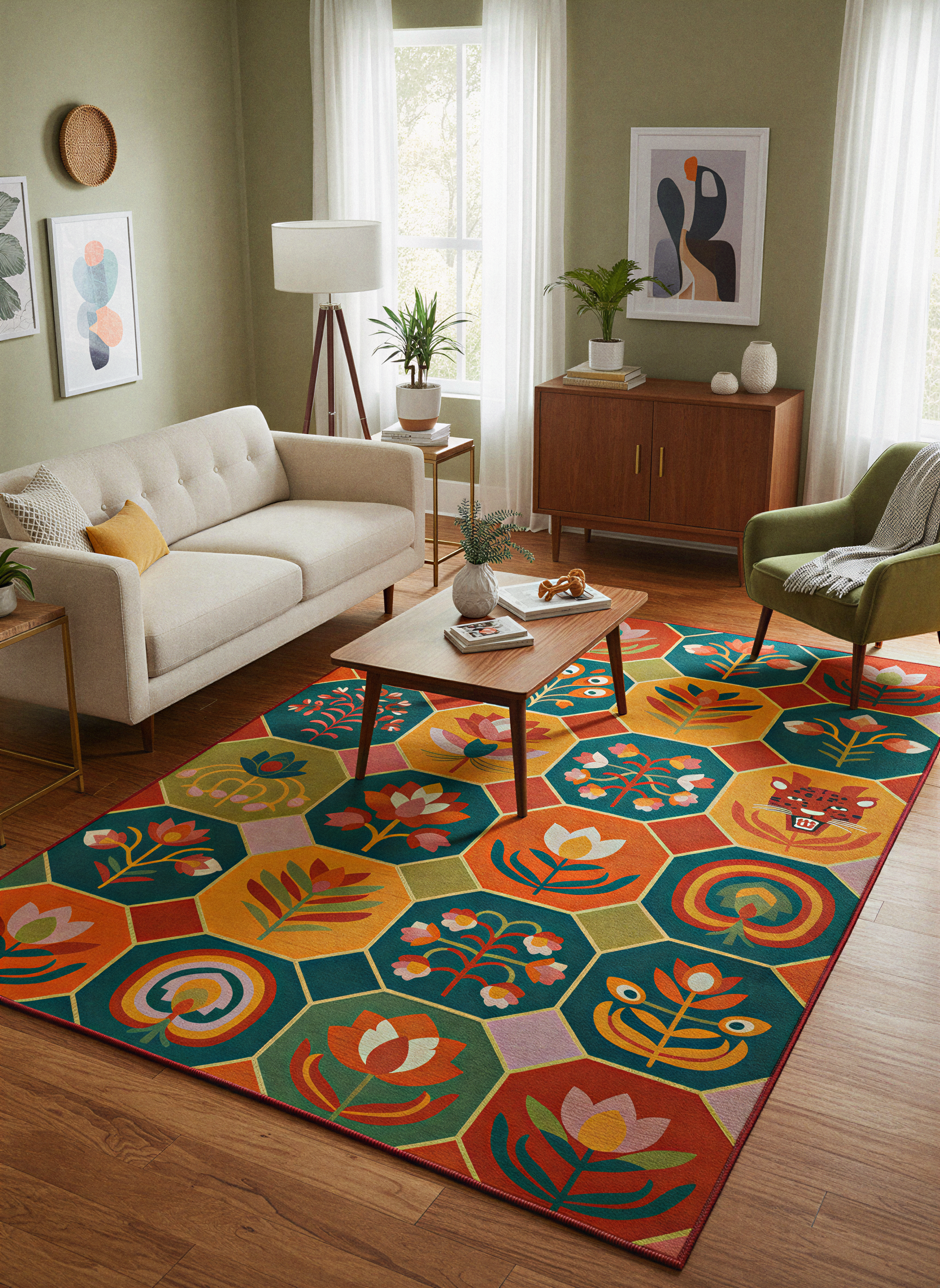 Arte HD031 Çiçek ve Hayvan Figürlü Modern Renkli Desenli Dekoratif Dokuma Halı