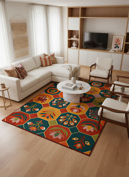 Arte HD031 Çiçek ve Hayvan Figürlü Modern Renkli Desenli Dekoratif Dokuma Halı