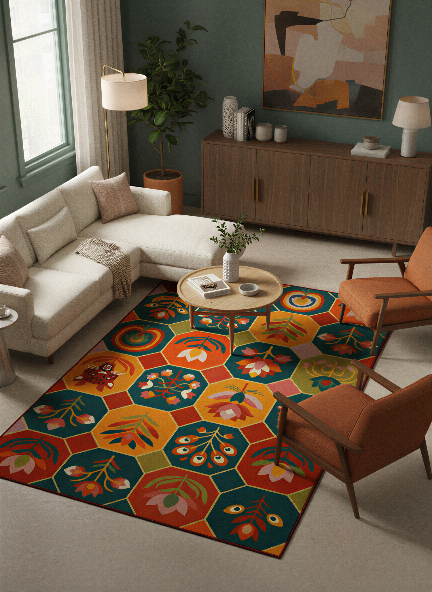 Arte HD031 Çiçek ve Hayvan Figürlü Modern Renkli Desenli Dekoratif Dokuma Halı