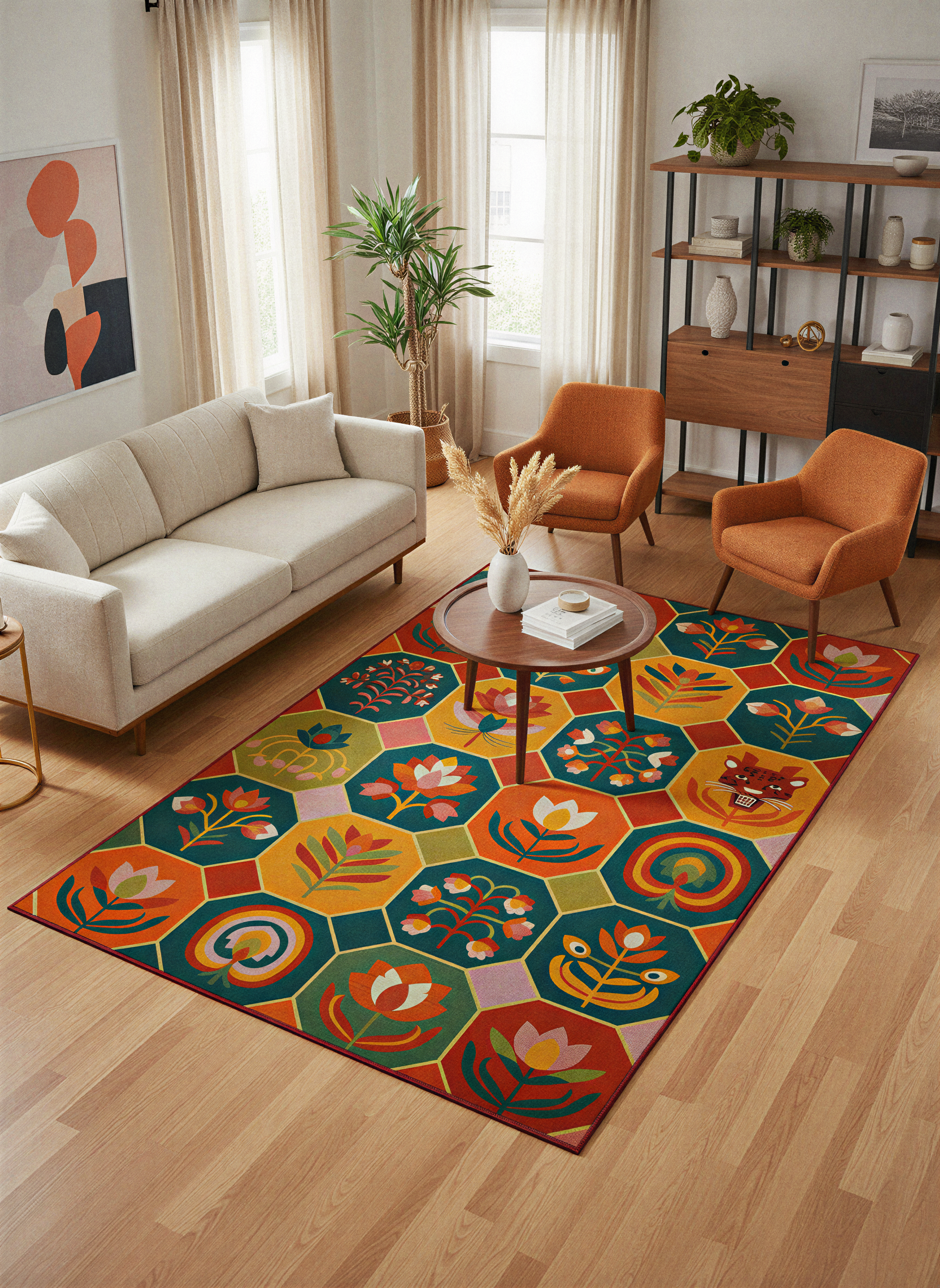 Arte HD031 Çiçek ve Hayvan Figürlü Modern Renkli Desenli Dekoratif Dokuma Halı