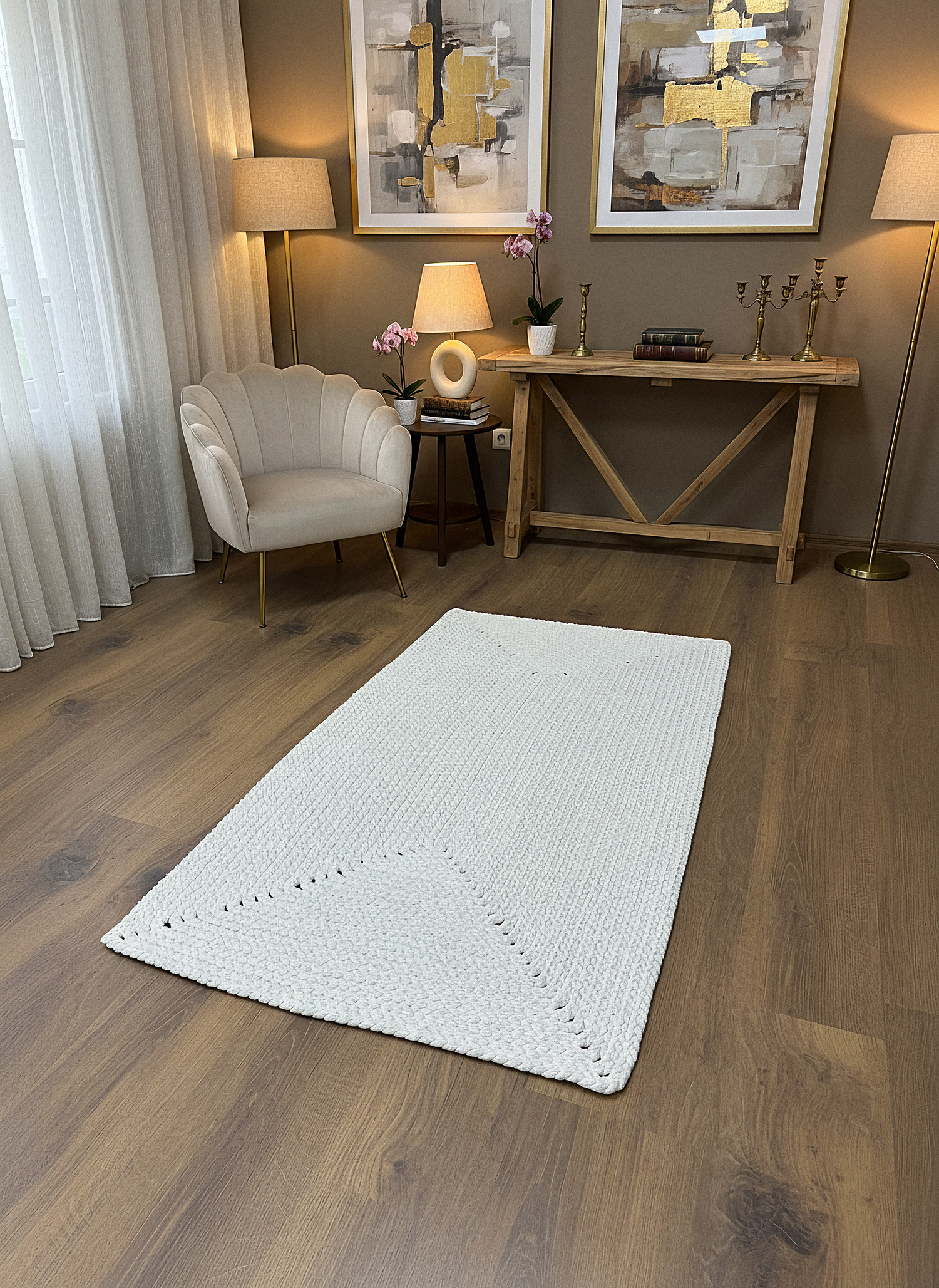 JÜT ÖRGÜ-04 EKRU El Örgüsü Jüt Hasır Halı