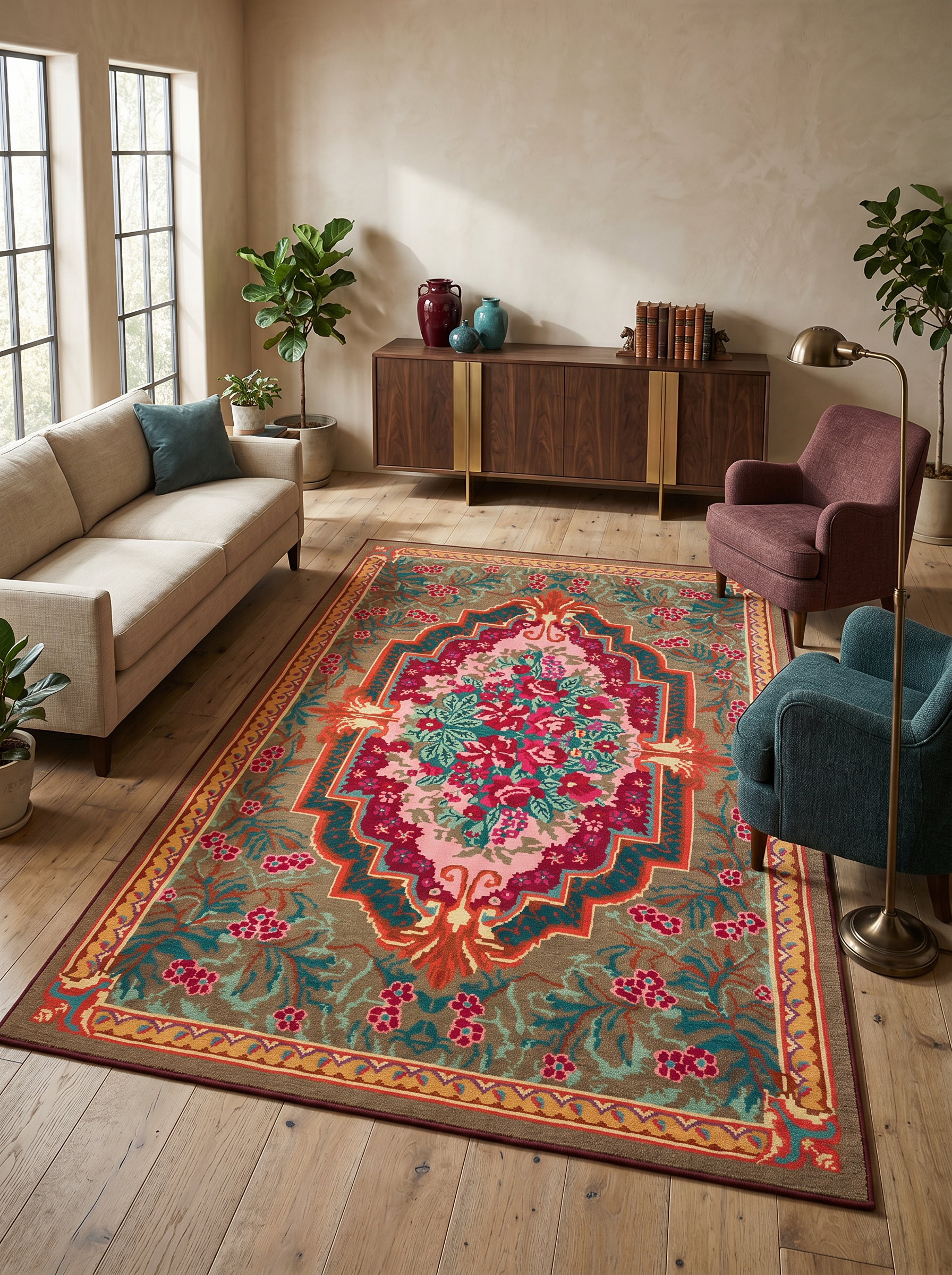 ARTE VN062 Klasik Çiçek Figürlü Renkli Dekoratif Salon Mutfak Koridor Halısı
