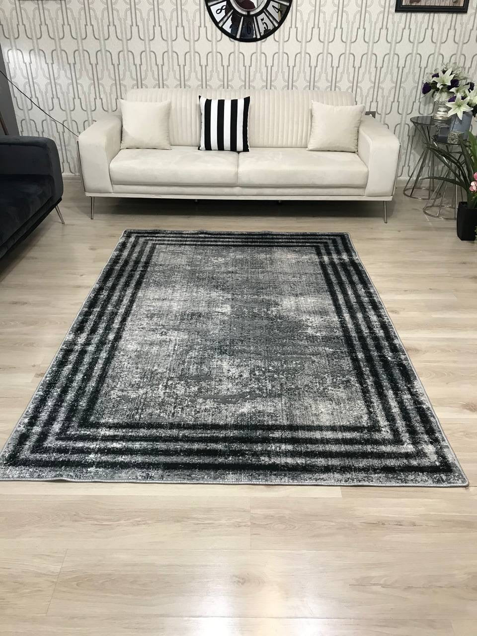 HOVEN GRİ SİYAH - %100 Pamuk Dokuma Taban Makinede Yıkanabilir Kaymaz Halı