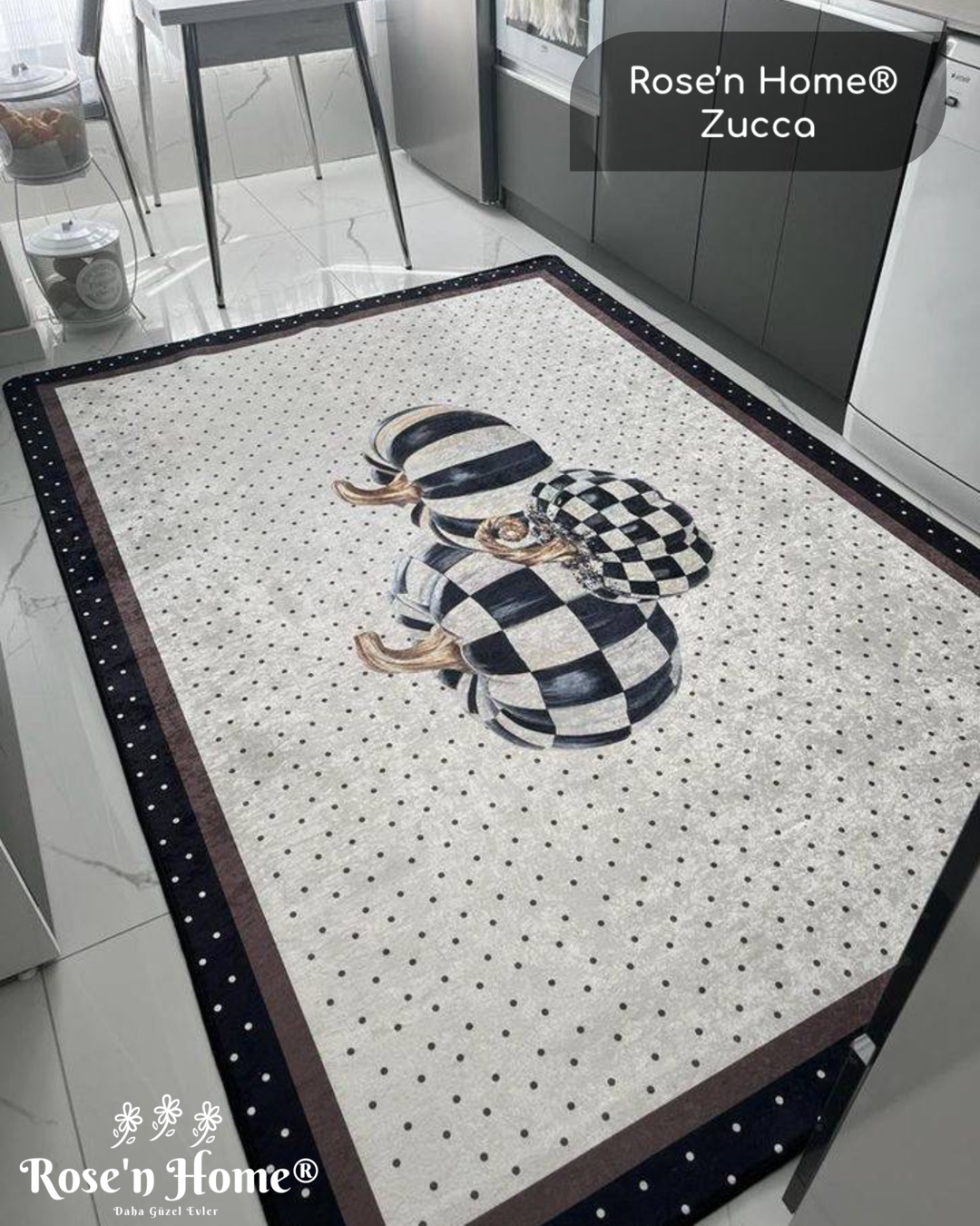 ZUCCA BLACK - %100 Pamuk Dokuma Taban Makinede Yıkanabilir Kaymaz Halı