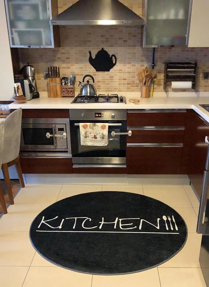 KİTCHEN SİYAH - %100 Pamuk Dokuma Taban Makinede Yıkanabilir Kaymaz Halı