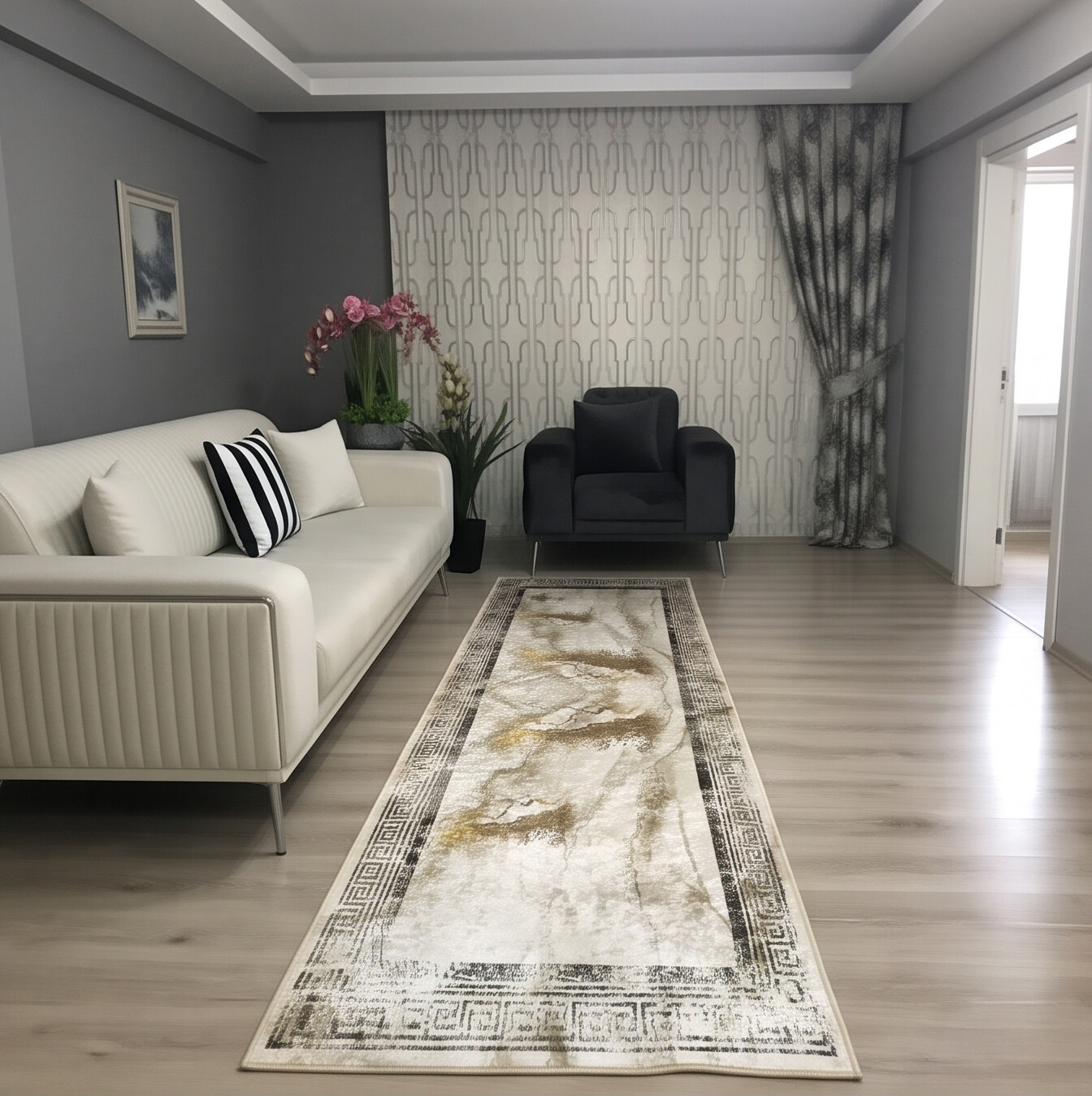 CHAİN MARBLE GOLD - %100 Pamuk Dokuma Taban Makinede Yıkanabilir Kaymaz Halı