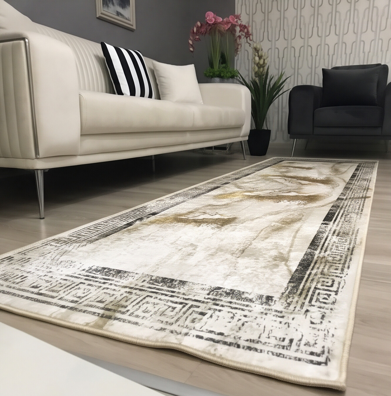 CHAİN MARBLE GOLD - %100 Pamuk Dokuma Taban Makinede Yıkanabilir Kaymaz Halı