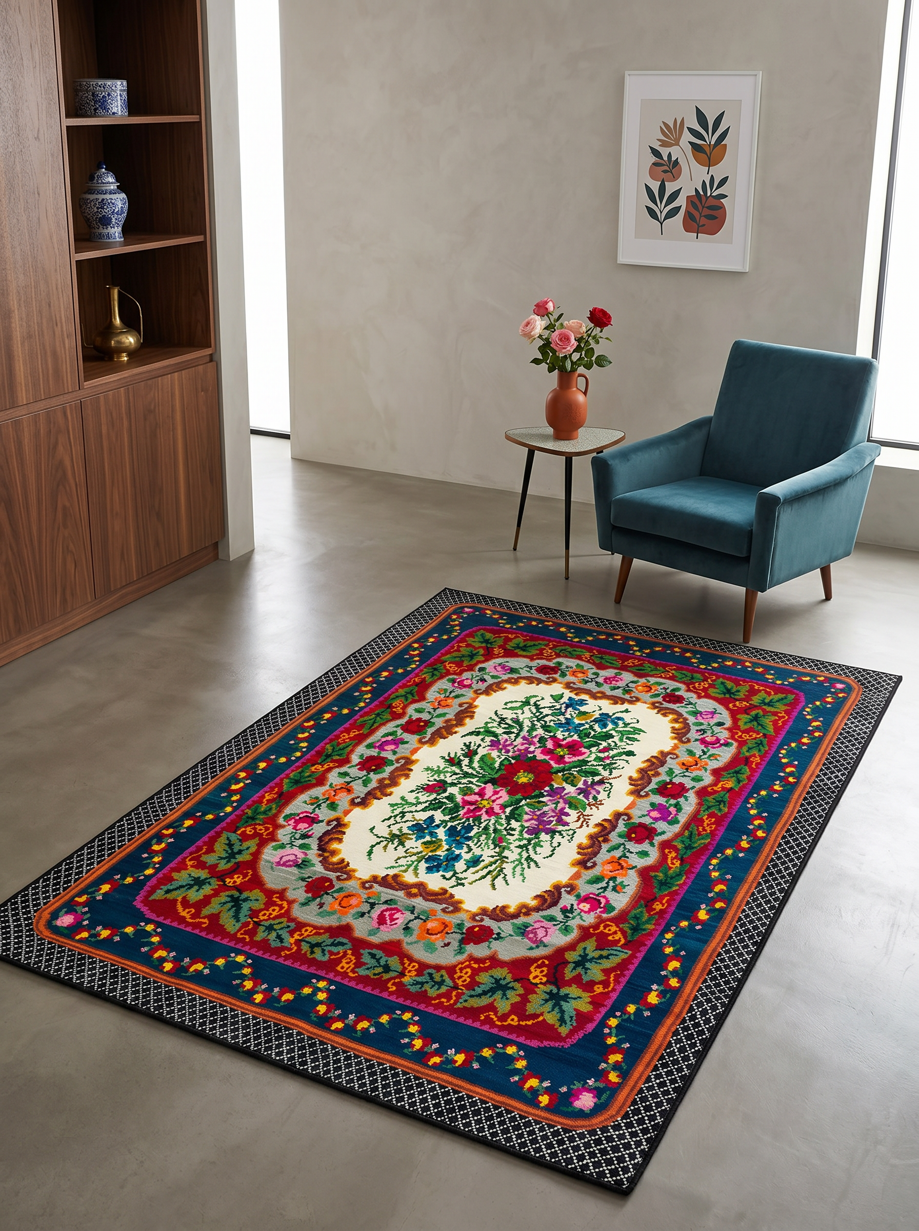 ARTE VN064 Klasik Çiçek Figürlü Renkli Dekoratif Salon Mutfak Koridor Halısı