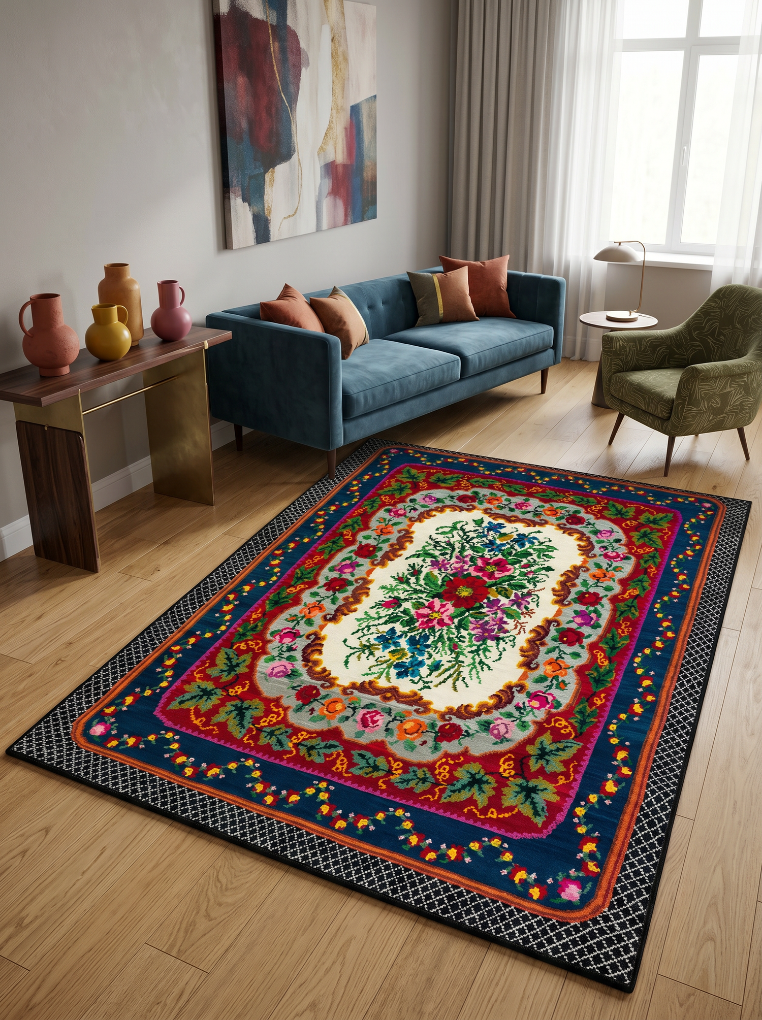ARTE VN064 Klasik Çiçek Figürlü Renkli Dekoratif Salon Mutfak Koridor Halısı