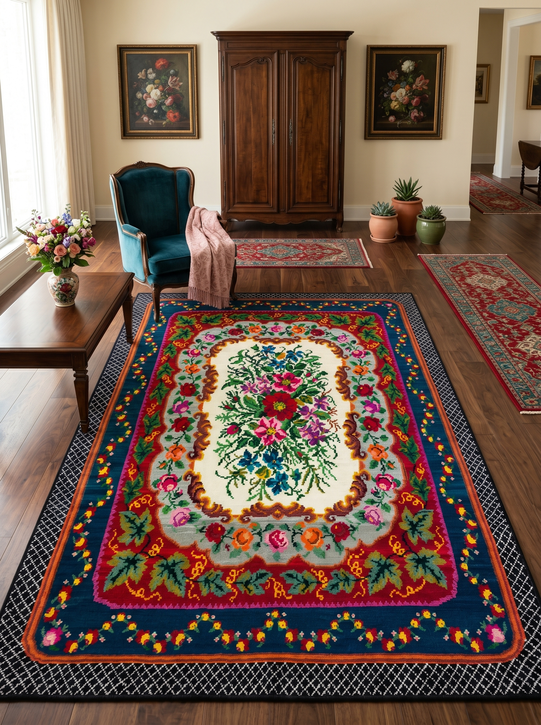 ARTE VN064 Klasik Çiçek Figürlü Renkli Dekoratif Salon Mutfak Koridor Halısı