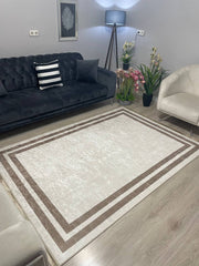 FRAME BEJ - %100 Pamuk Dokuma Taban Makinede Yıkanabilir Kaymaz Halı