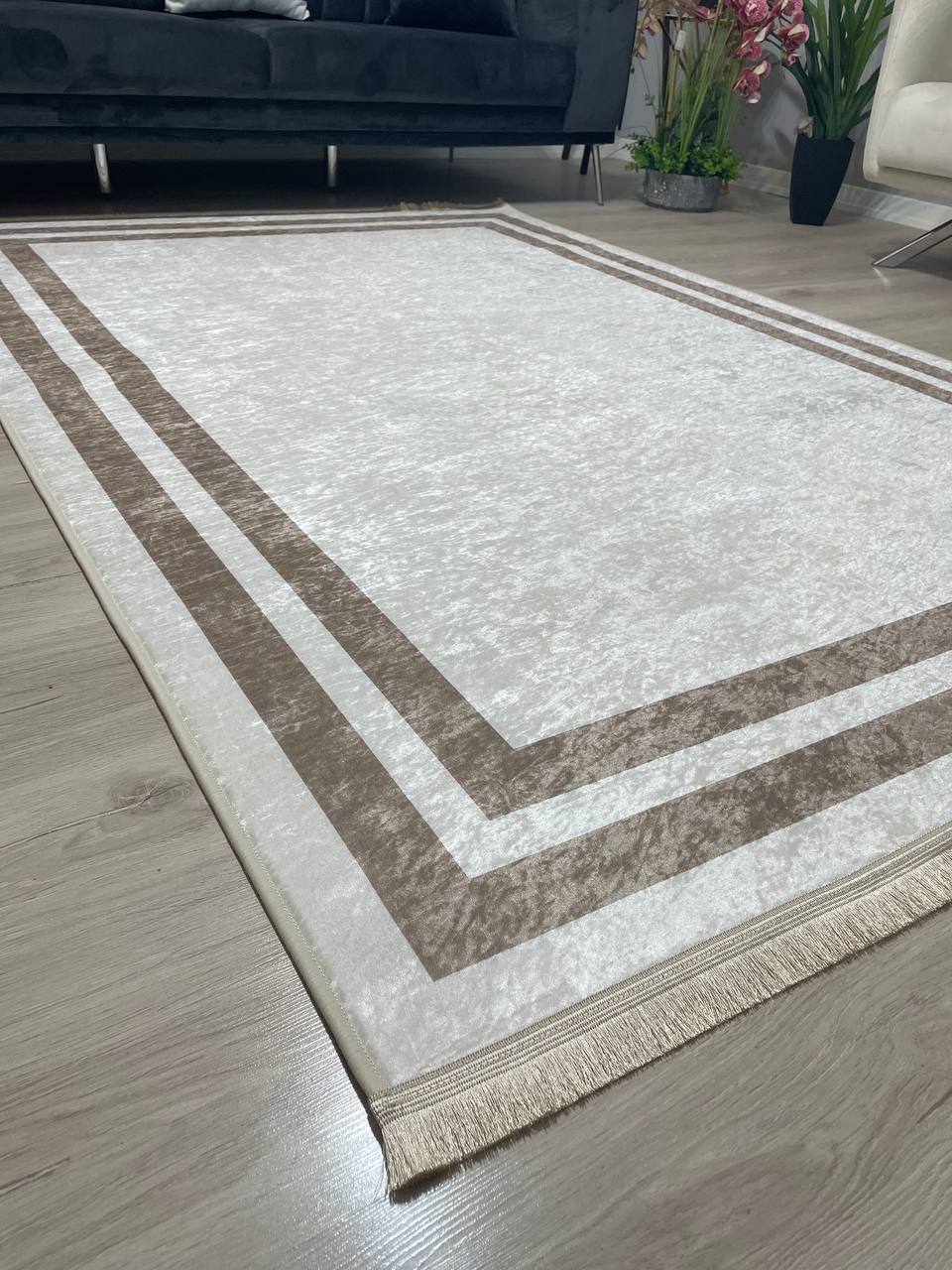 FRAME BEJ - %100 Pamuk Dokuma Taban Makinede Yıkanabilir Kaymaz Halı