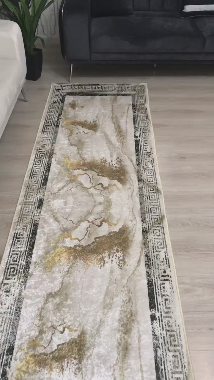 CHAİN MARBLE GOLD - Kaymaz Deri Taban Makinede Yıkanabilir Salon Oturma Odası Mutfak Halısı